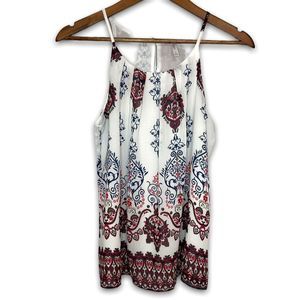 DNA Couture White Blue Pink Paisley Boho Pleated Tank Blouse Small‎